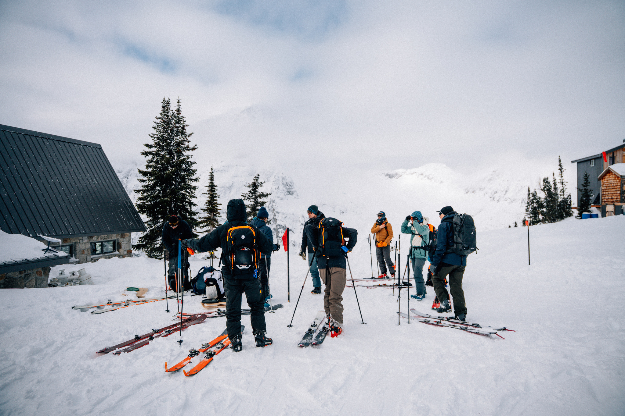 The group gearing up outside the lodge