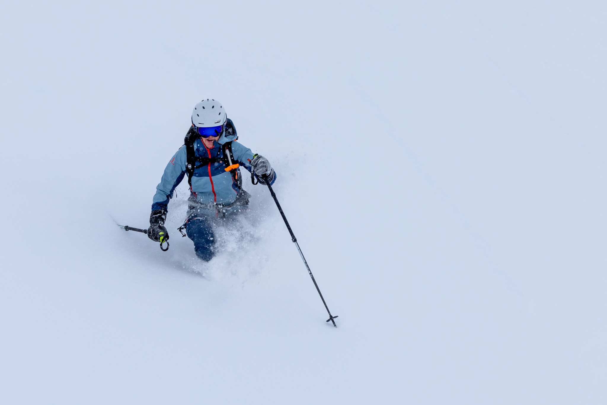 Knee-deep powder in soft light