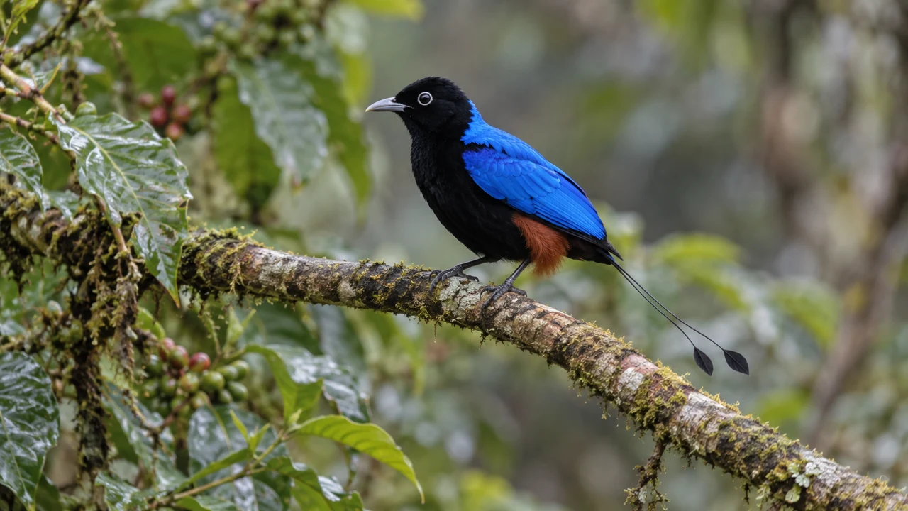 Blue bird-of-paradise perched at a forest edge