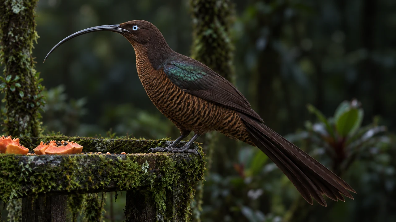Brown sicklebill at a moss-covered feeding table