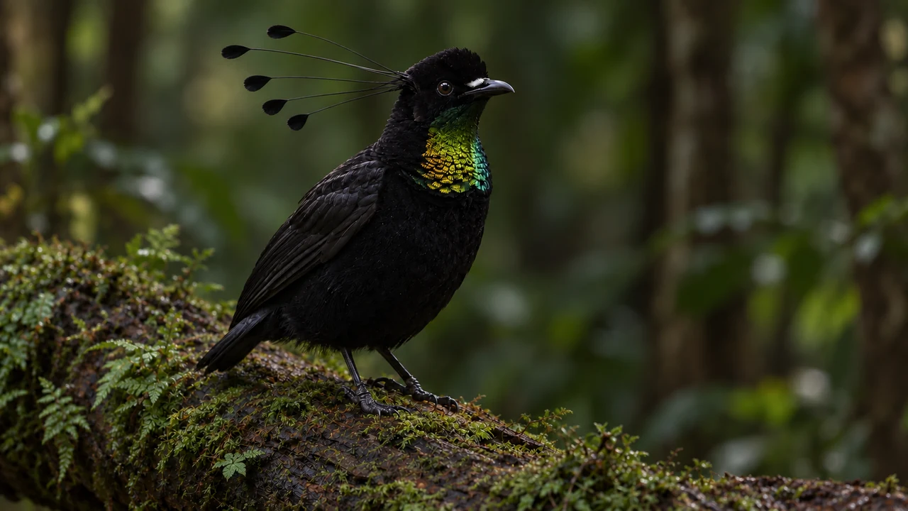 Male Lawes' parotia on a forest log