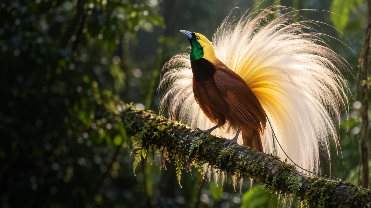 Lesser bird-of-paradise with golden-white display plumes