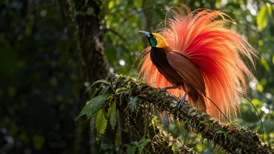 Raggiana bird-of-paradise with brilliant orange-red display plumes
