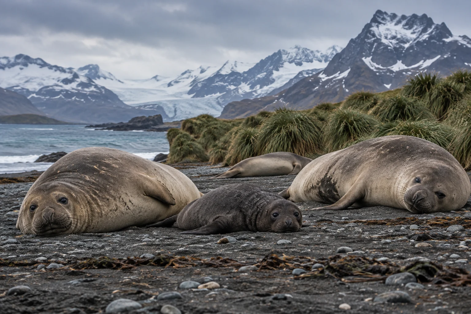 Southern elephant seals resting on a South Georgia beach