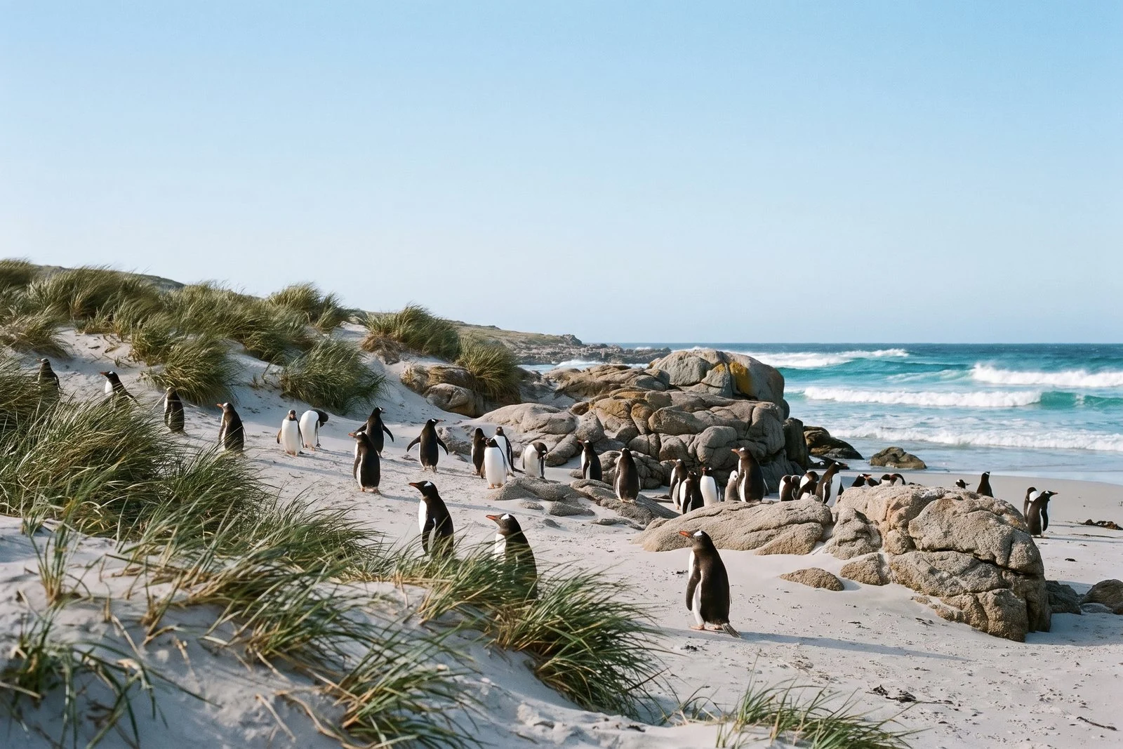 Penguins on a Falkland Islands beach