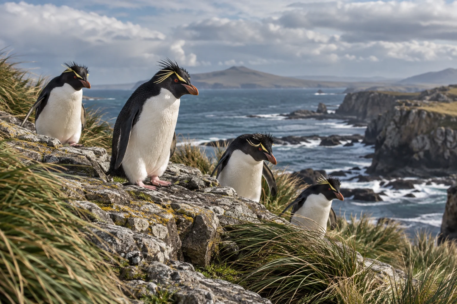 Rockhopper penguins in the Falkland Islands
