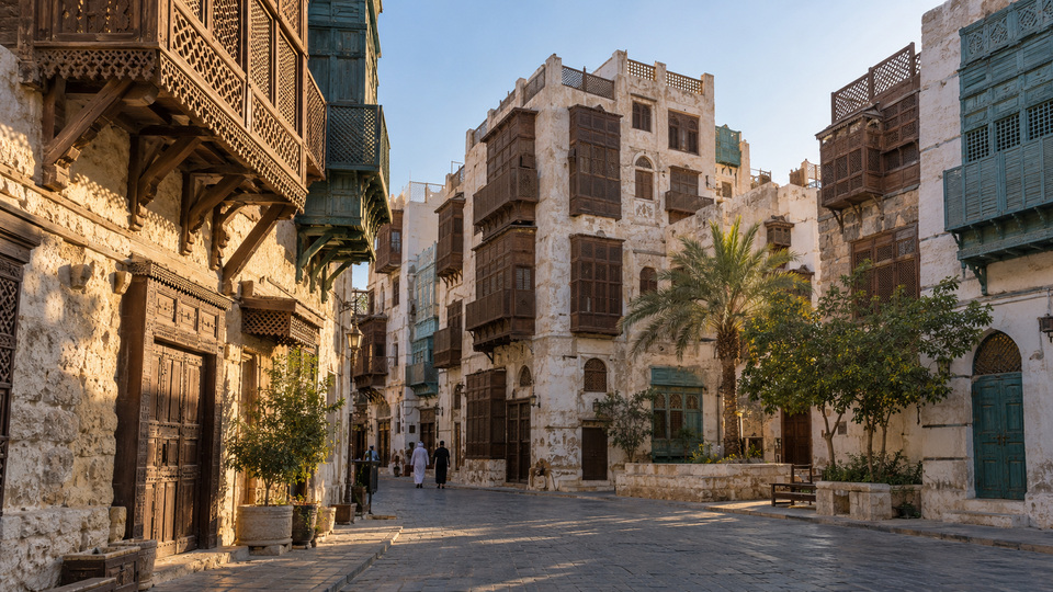 Late-afternoon street scene among the carved wooden balconies of Al-Balad, Jeddah; original destination visualization