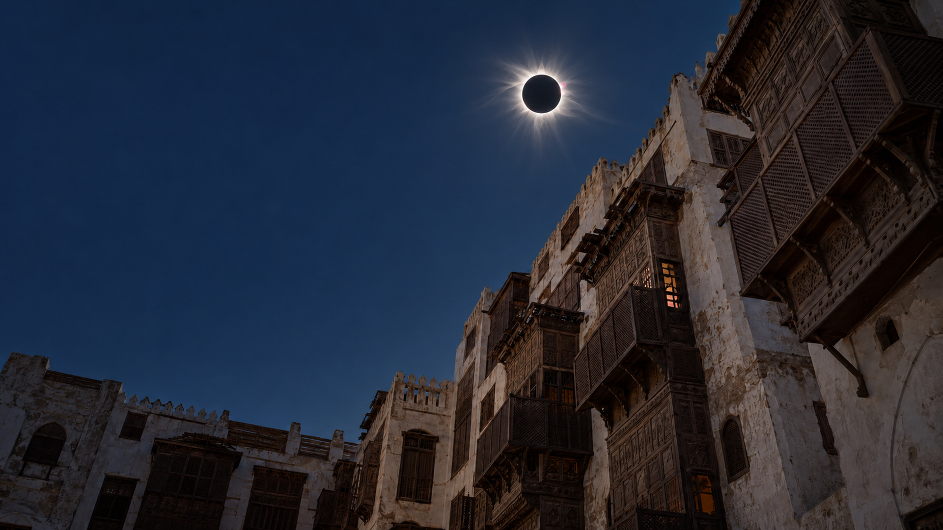 Totality high above the carved wooden balconies of Al-Balad, Jeddah; future-event visualization