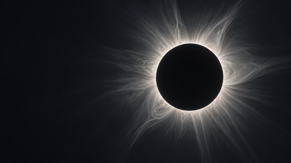 Silver-white solar corona and tiny pink prominences during totality; photographic-style visualization
