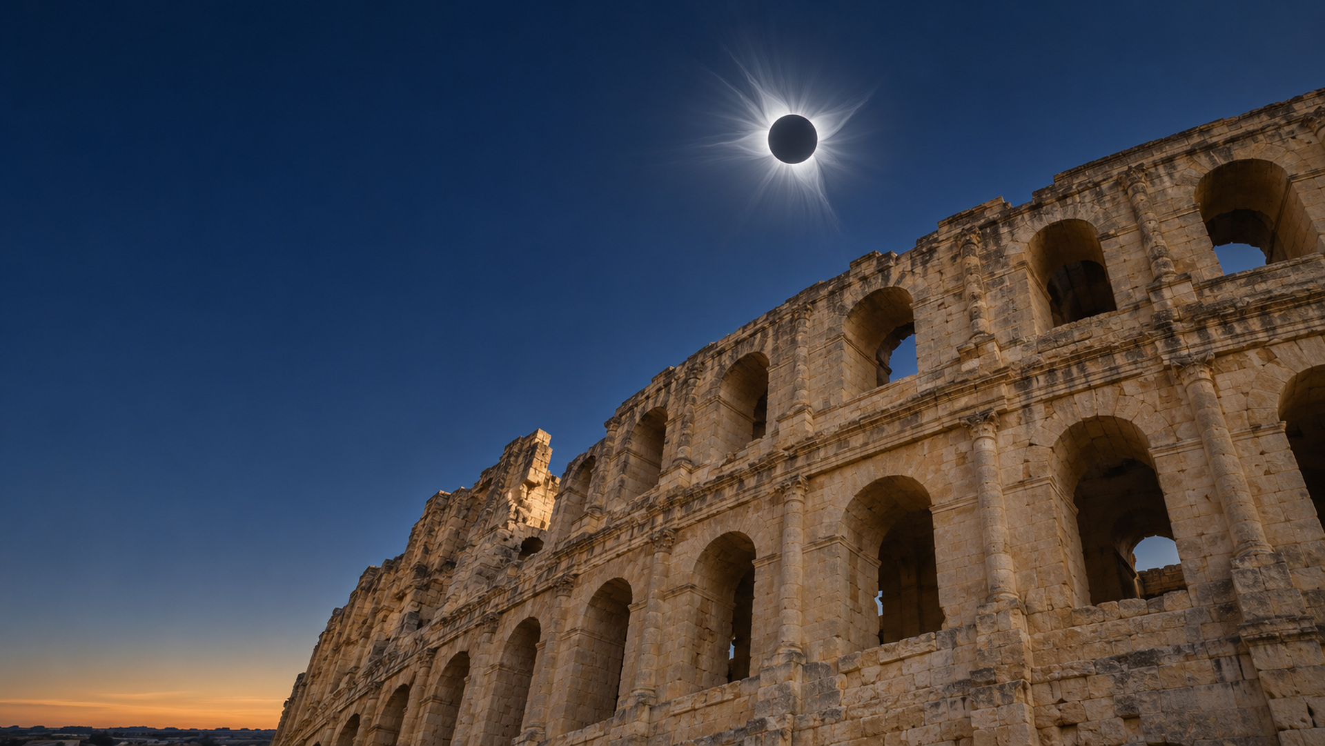 Totality above the Roman amphitheatre of El Jem, Tunisia; future-event visualization