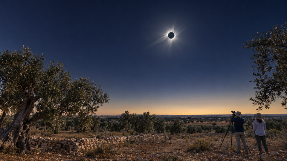 Eclipse viewing in the olive-growing plain near Sfax, Tunisia; future-event visualization