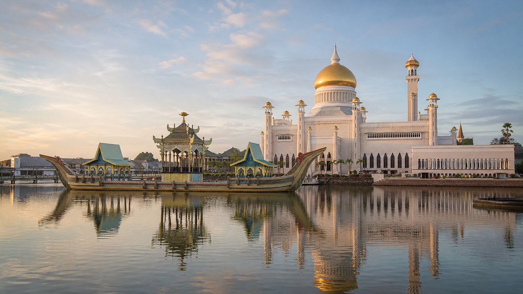 The Omar Ali Saifuddien Mosque and its ceremonial barge on the lagoon in Bandar Seri Begawan, Brunei