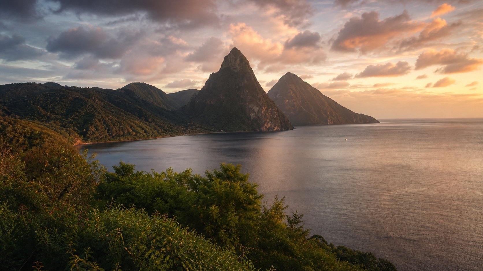 The Pitons rising over Saint Lucia at sunset