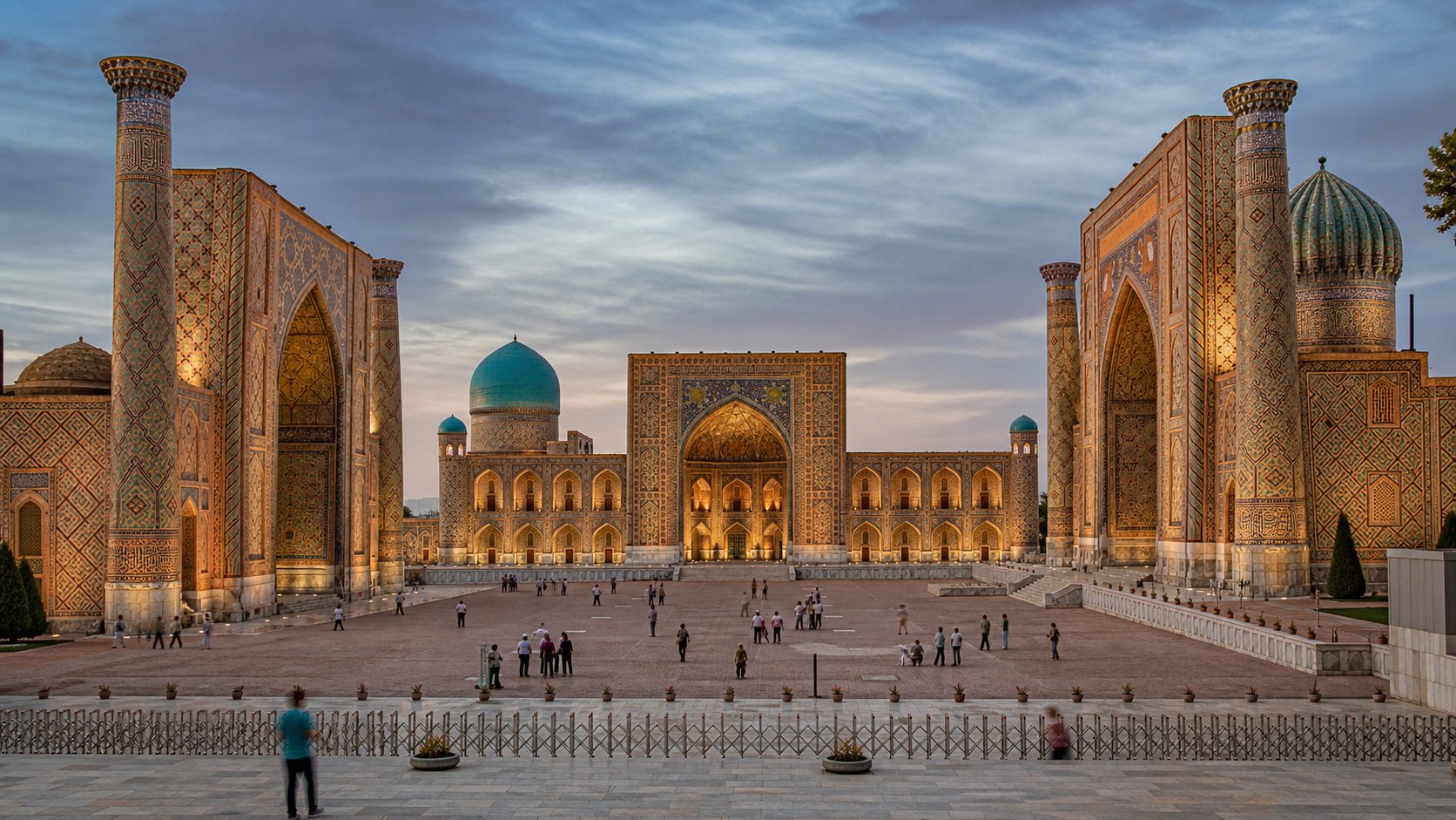 The Registan at twilight in Samarkand, Uzbekistan