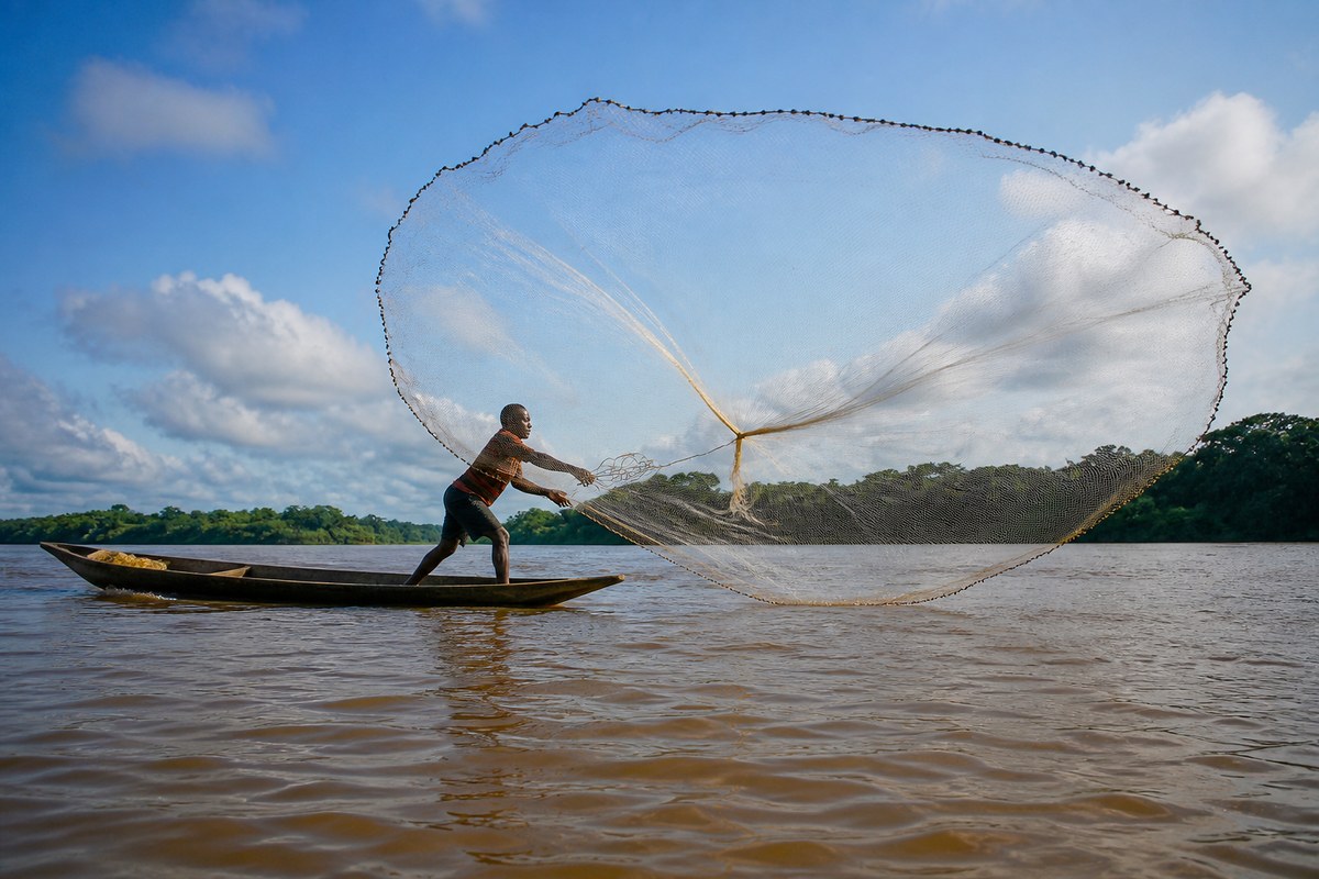 A fisherman throwing a cast net from a pirogue