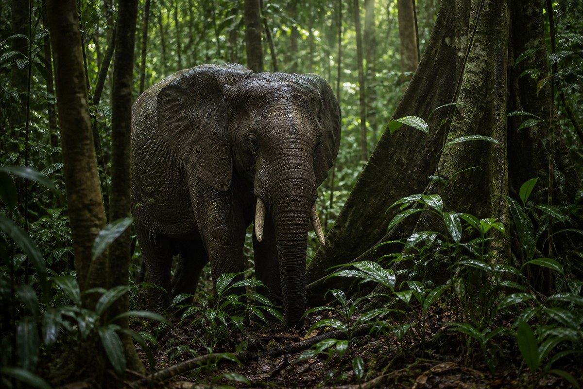 A forest elephant on a trail in the rainforest