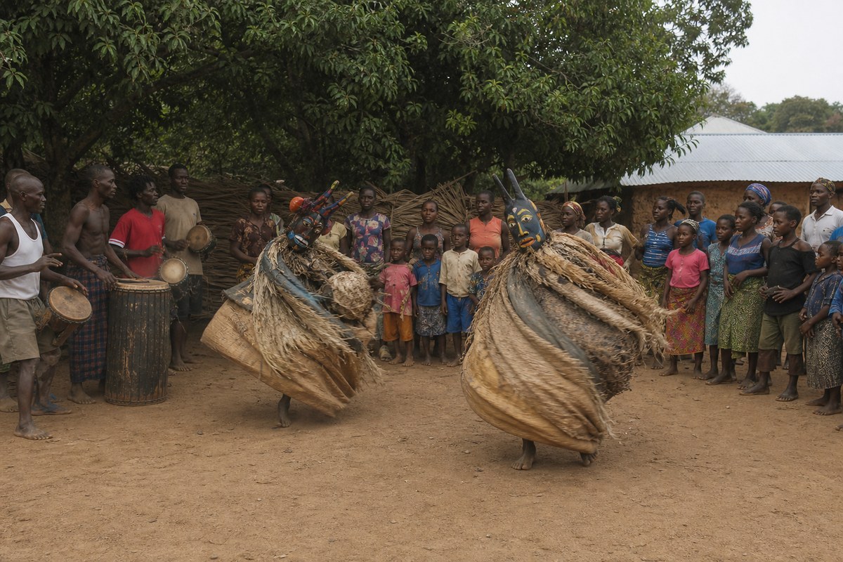Kebe-Kebe dancers in raffia at Ngabe