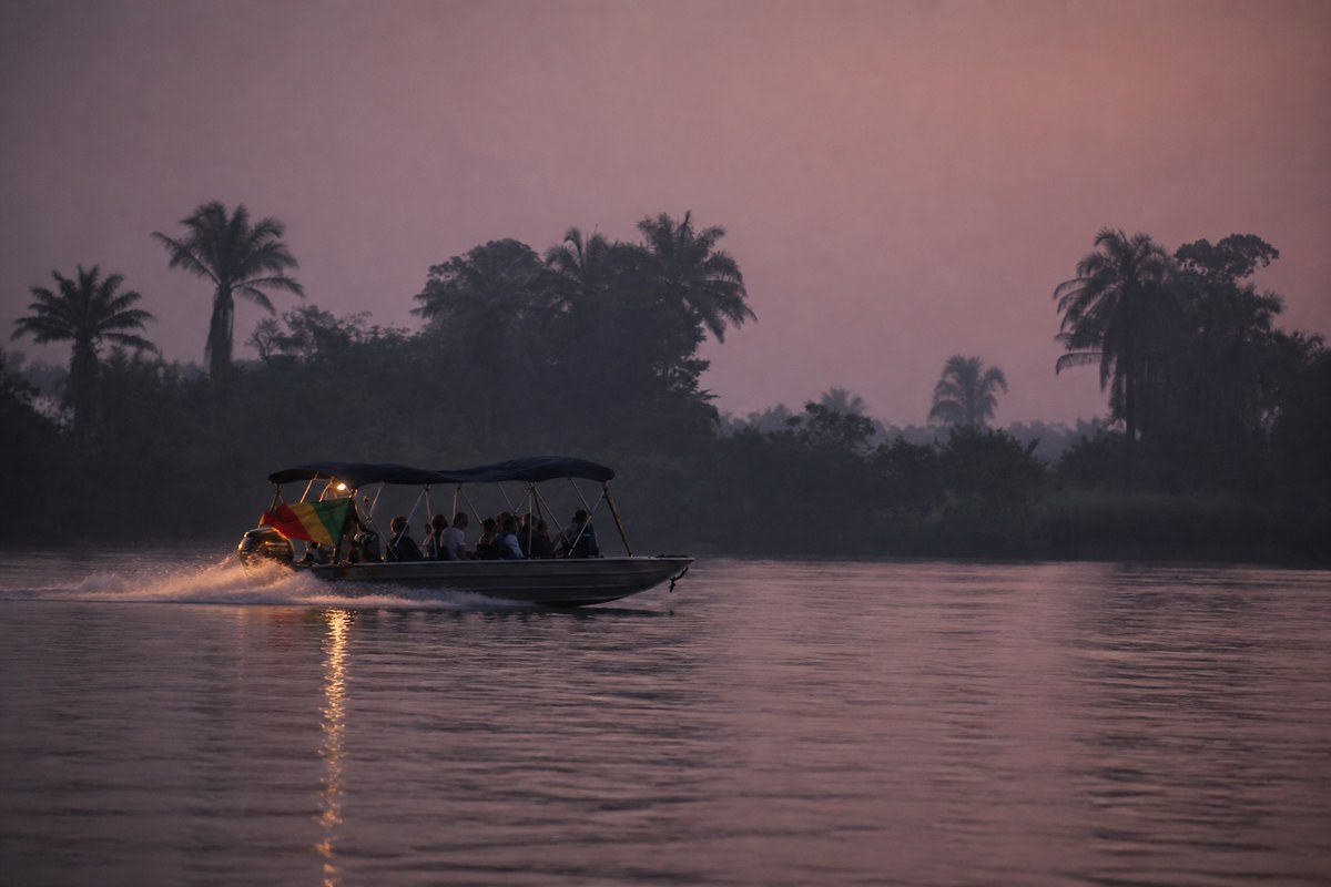 The expedition launch on the Congo River at dusk