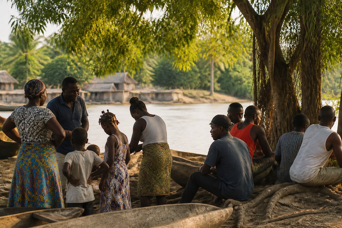 A Moye riverside community gathering beneath shade trees on the Alima