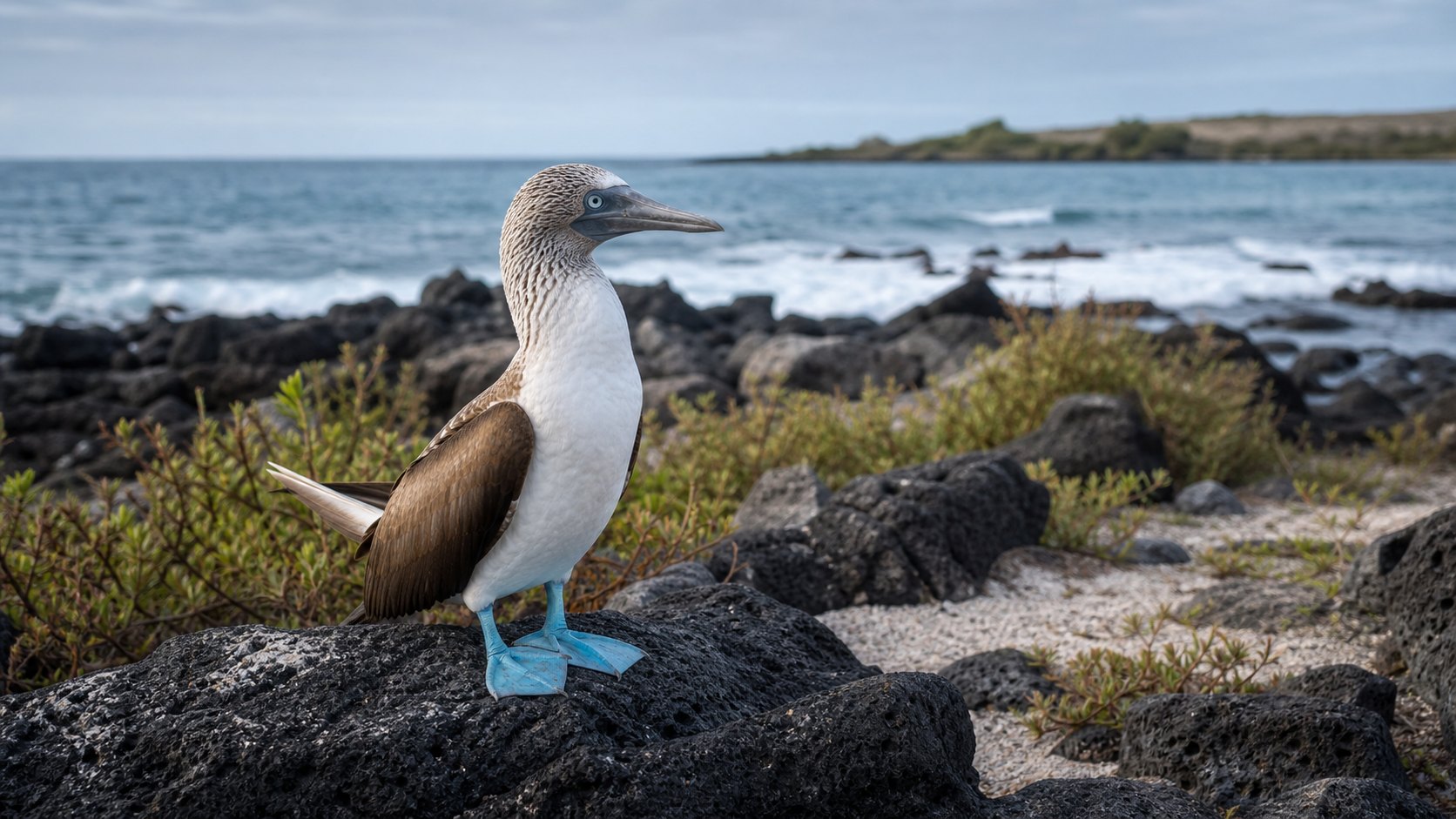 A blue-footed booby standing on volcanic lava in the Galápagos Islands