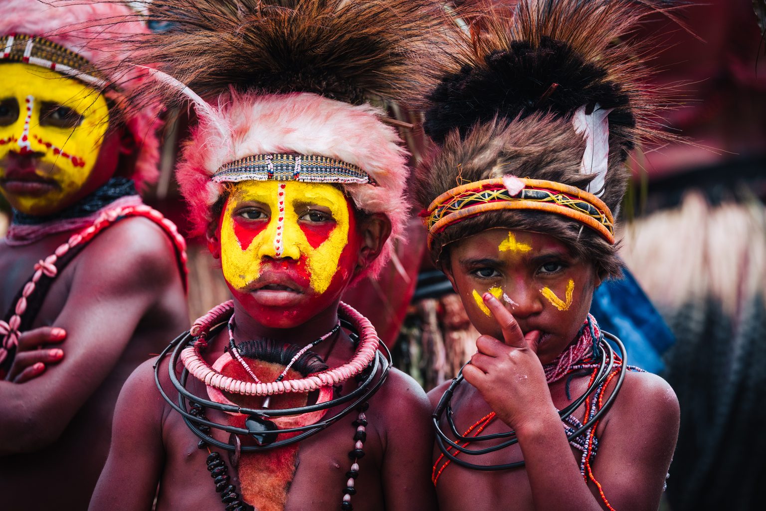 Young dancers in headdresses and face paint at the Mount Hagen Show