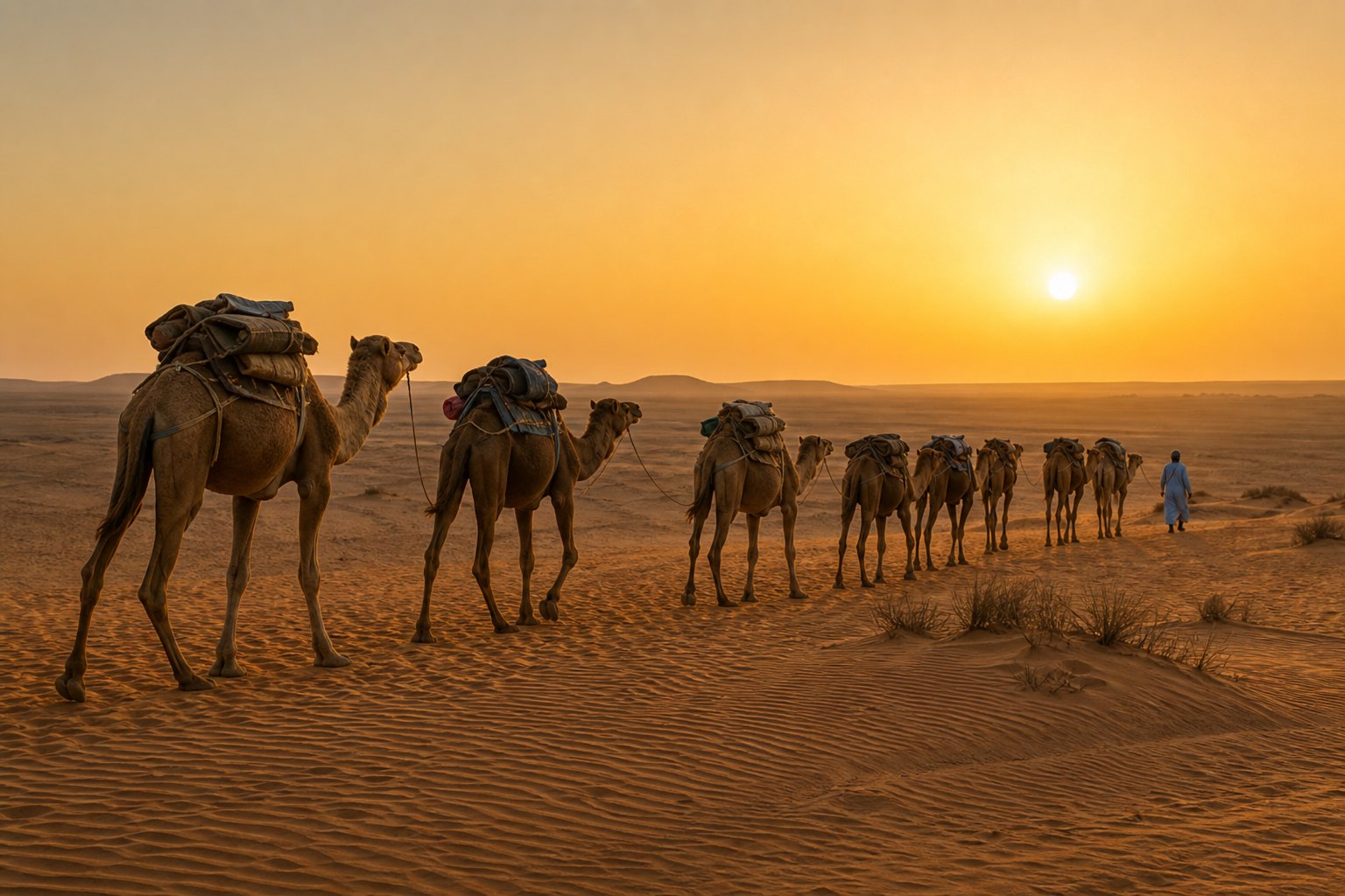 Mauritania Camel Caravan Crossing The Sahara At Sunset