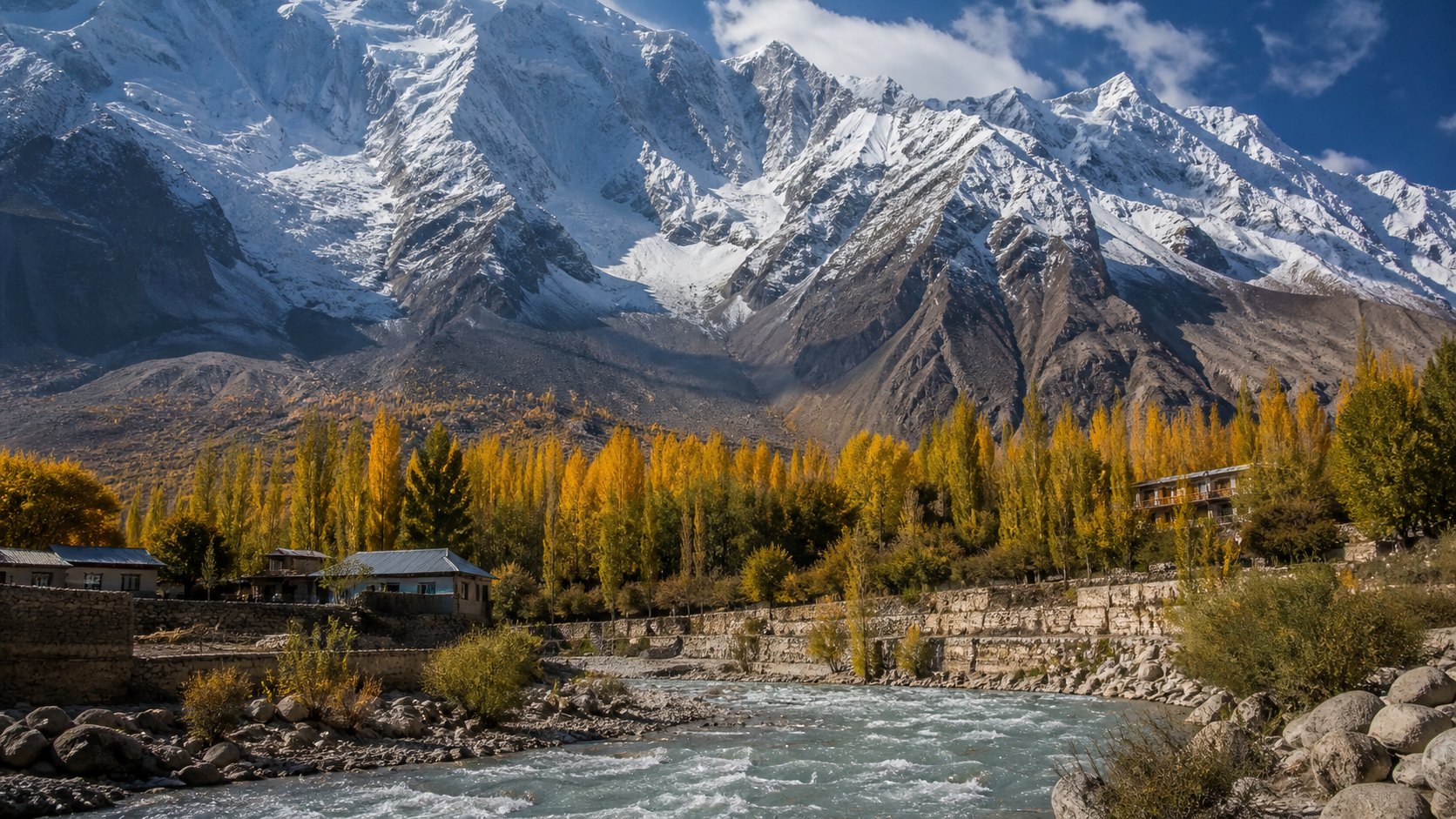 Hunza Valley autumn foliage with Karakoram mountains in Pakistan