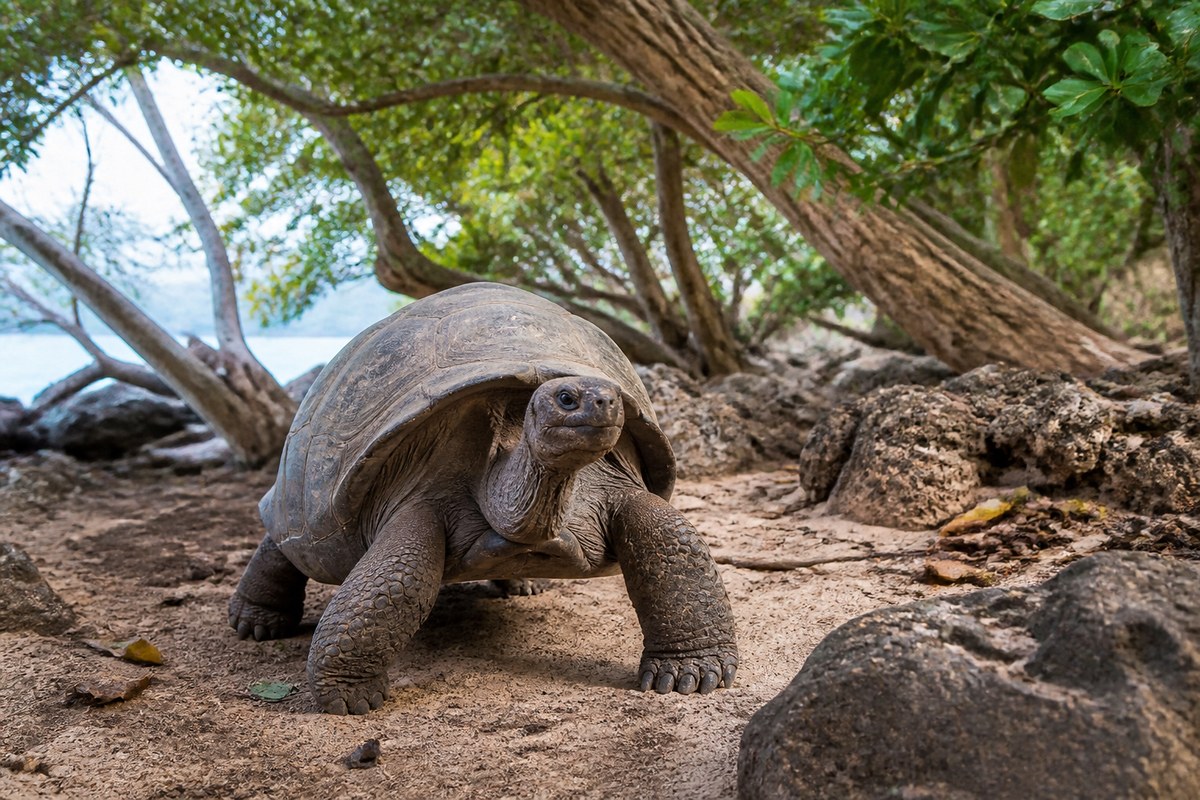 An Aldabra giant tortoise on Curieuse Island, Seychelles