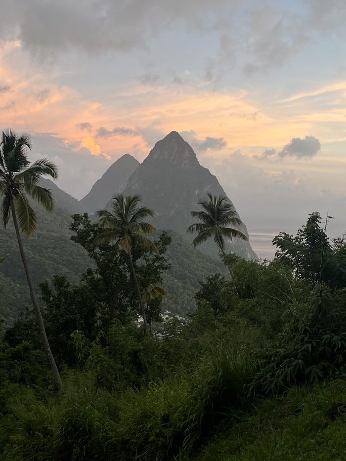 The twin Pitons at sunset, Saint Lucia