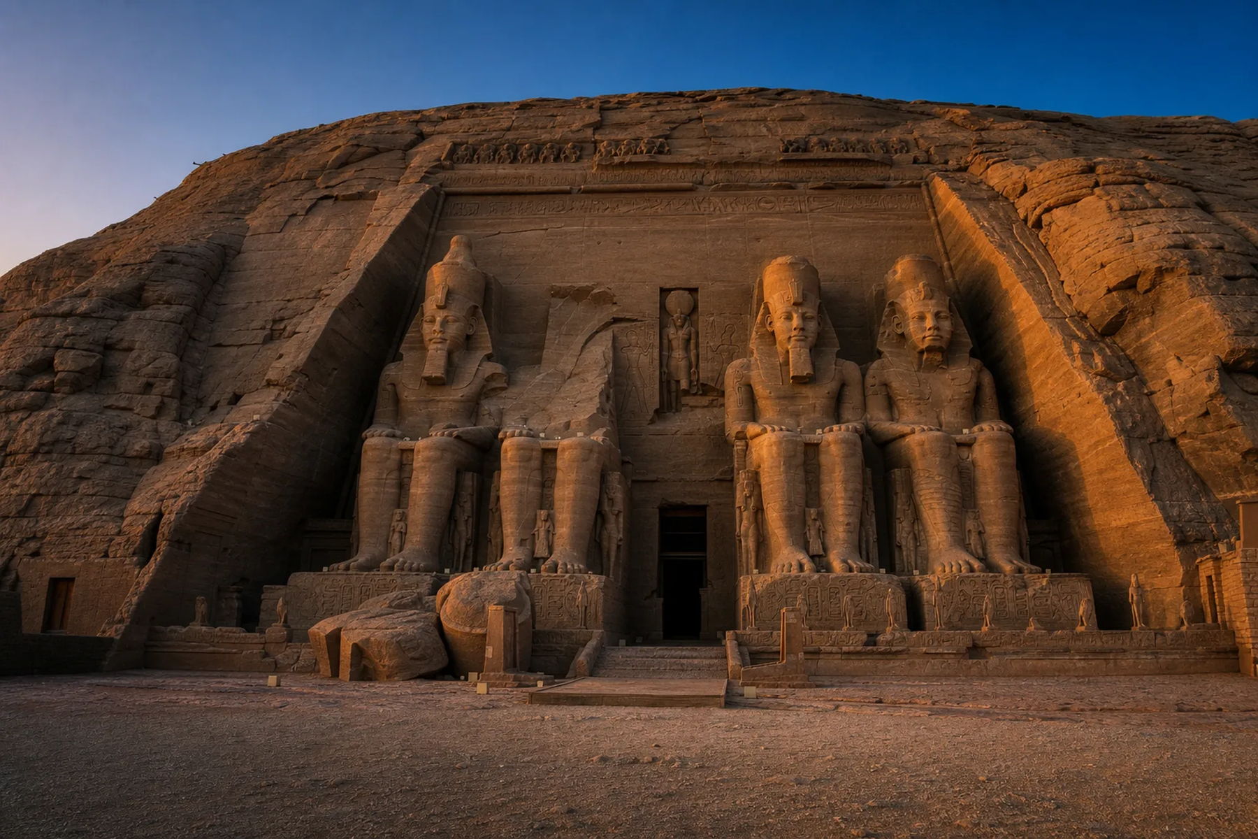 The four colossi of Ramesses II at Abu Simbel in the first light, Egypt