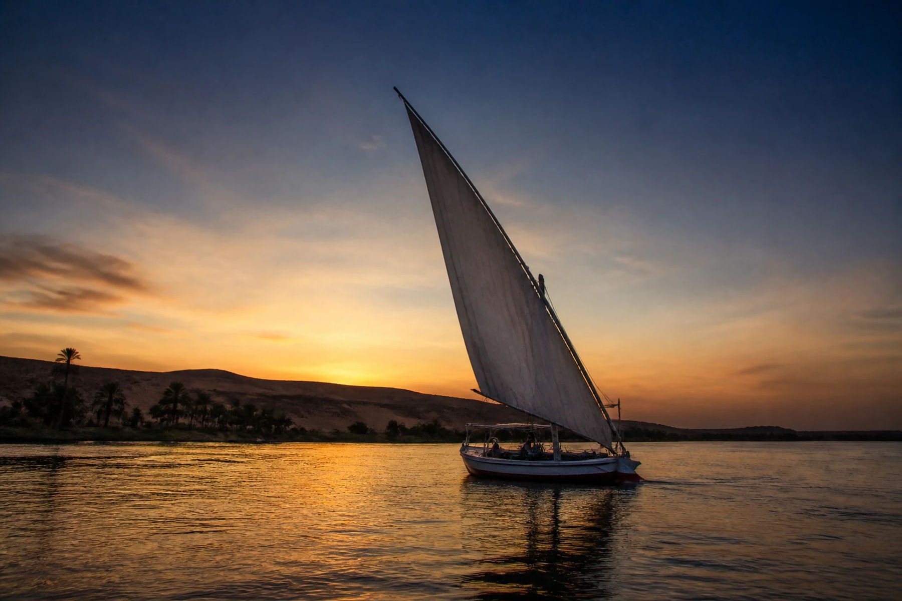 A felucca under sail on the Nile at sunset, Egypt