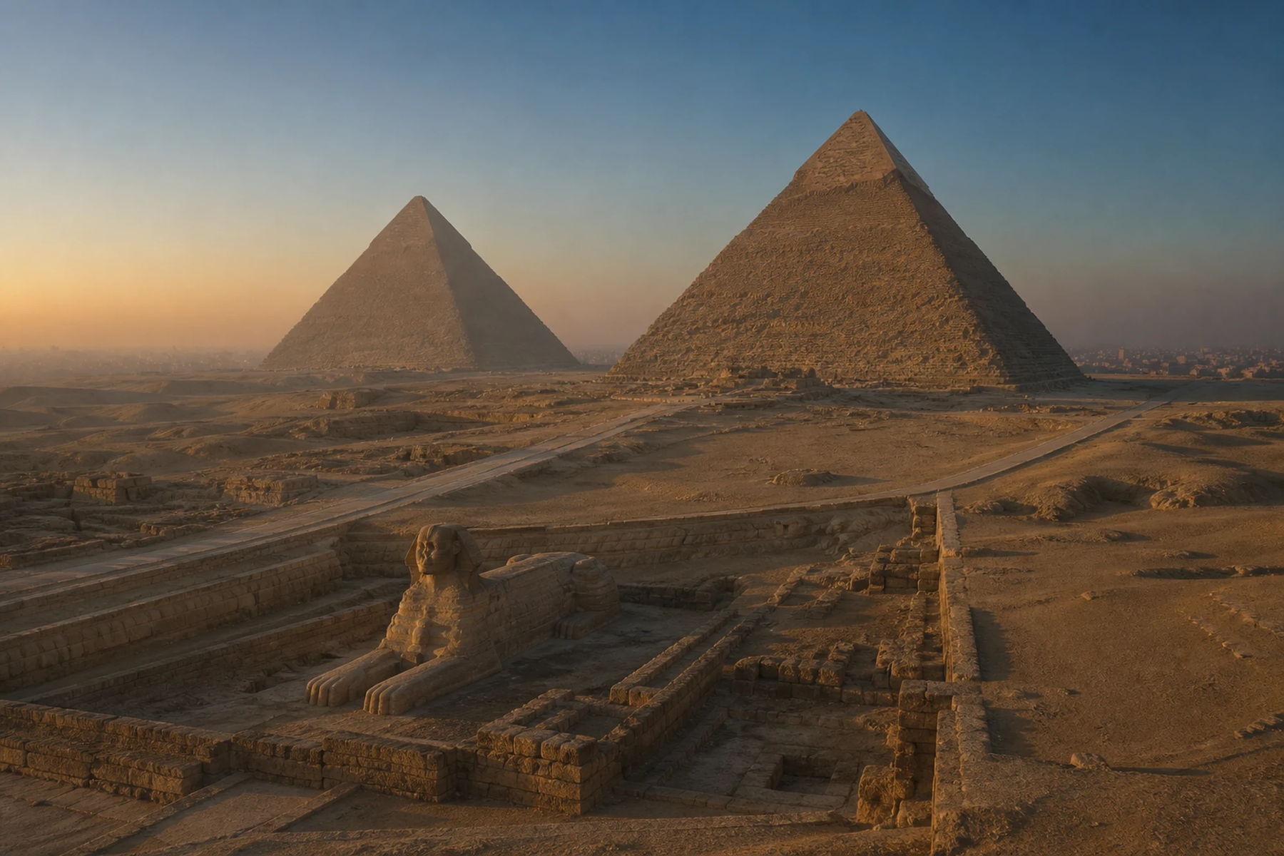 The Sphinx below the pyramids of Khafre and Menkaure at dusk, Giza, Egypt