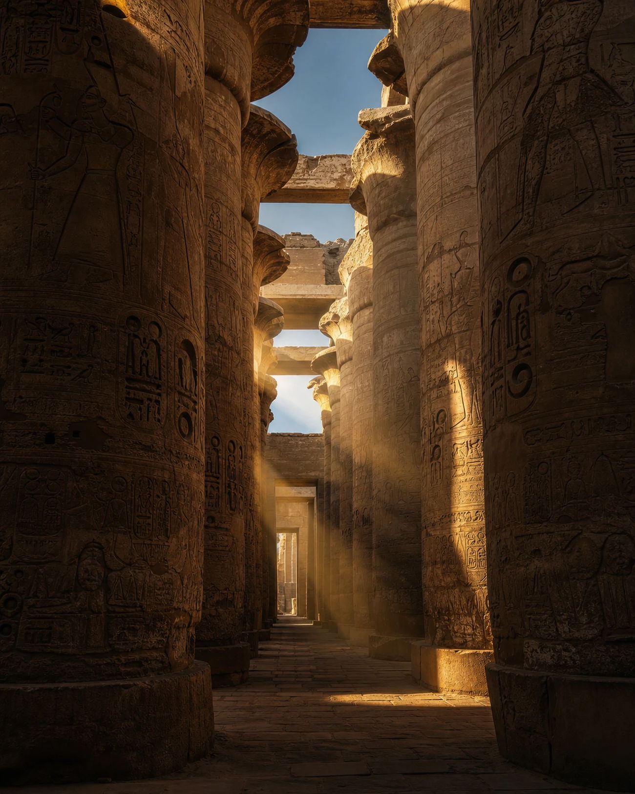 Sunlight falling between the carved columns of the great hypostyle hall at Karnak, Luxor, Egypt
