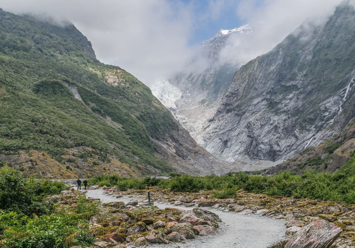 Franz Josef Glacier descending toward rainforest, New Zealand