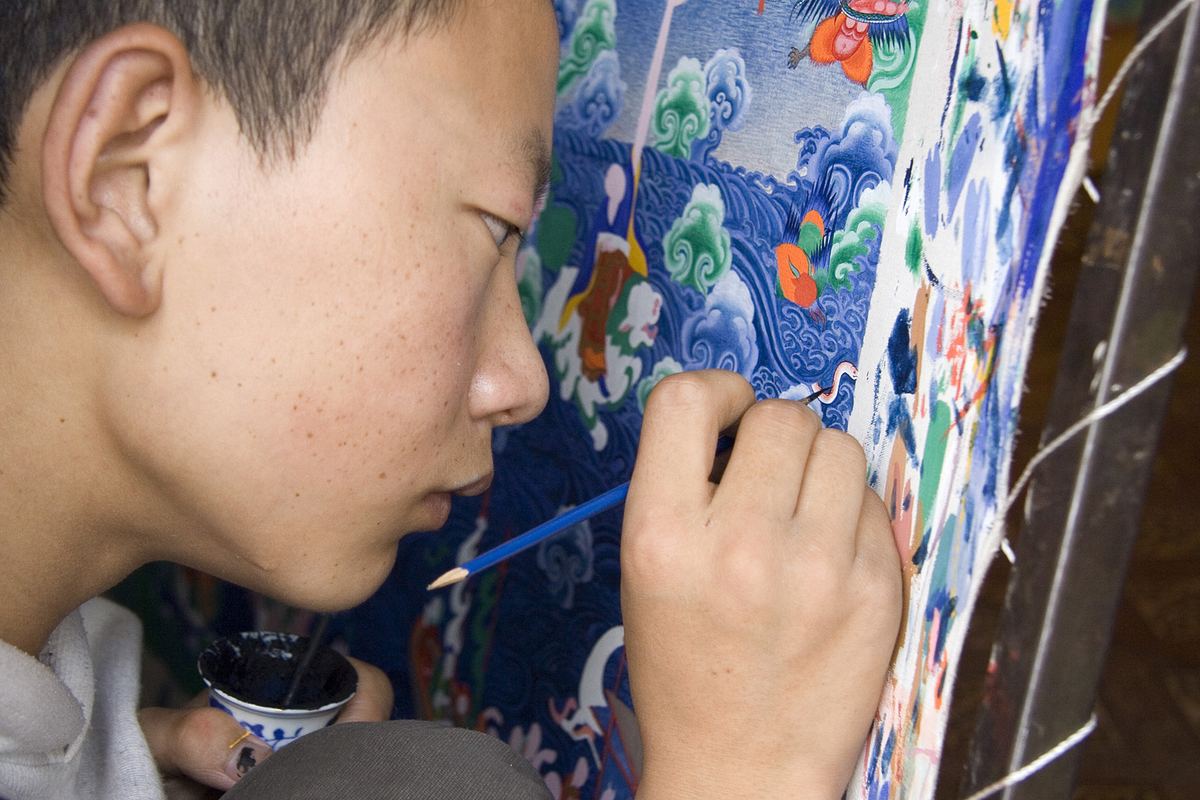A thangka painter at work, Tibet