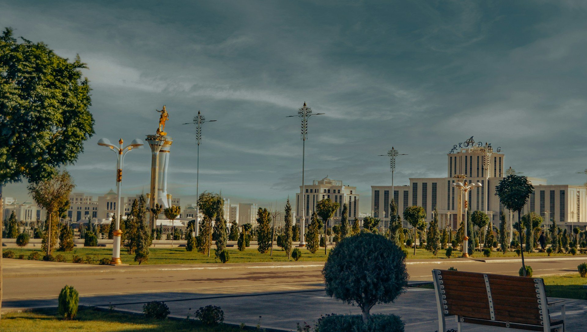 Ashgabat Independence Monument and white marble skyline, Turkmenistan