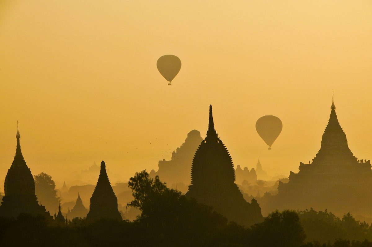 Hot air balloons floating near Bagan temple, Myanmar