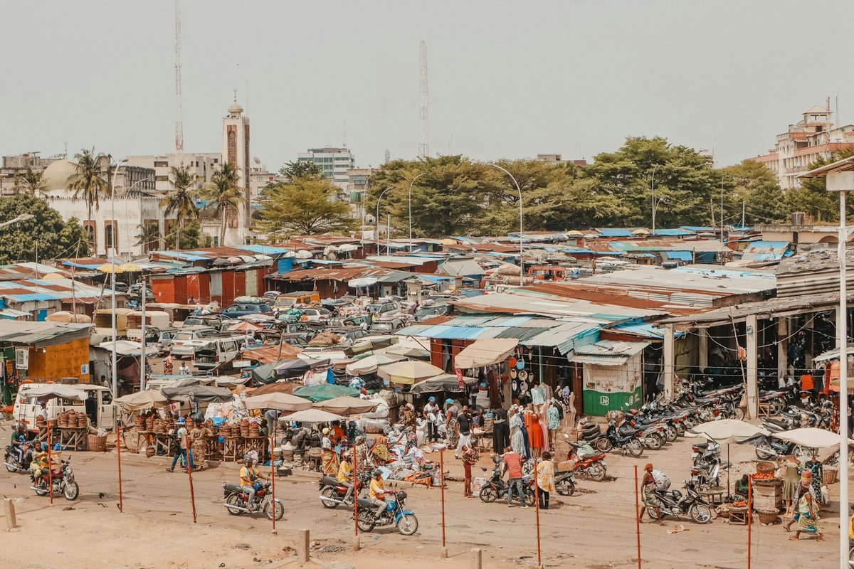 Bustling West African marketplace in Ghana, Benin or Togo