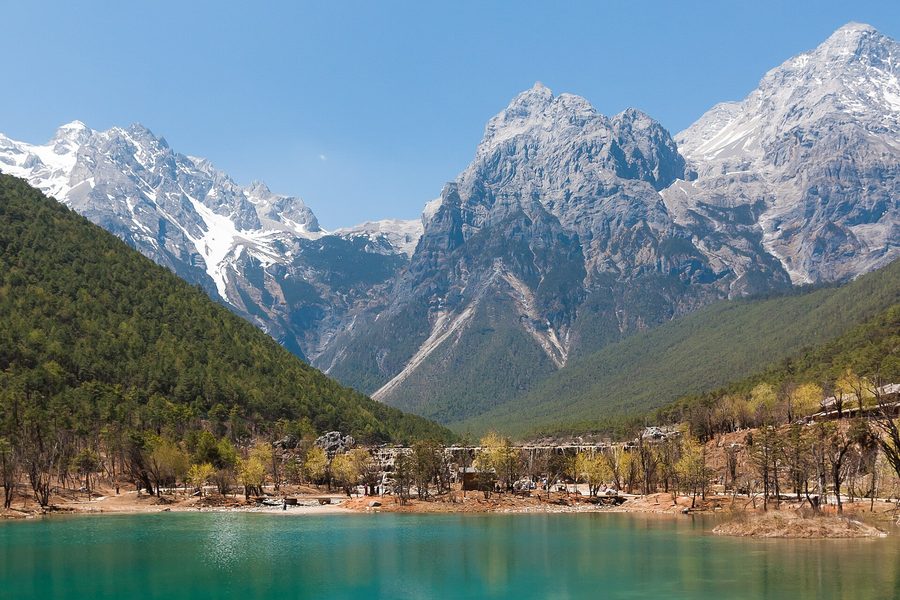 The glacial blue water of Blue Moon Valley beneath Jade Dragon Snow Mountain