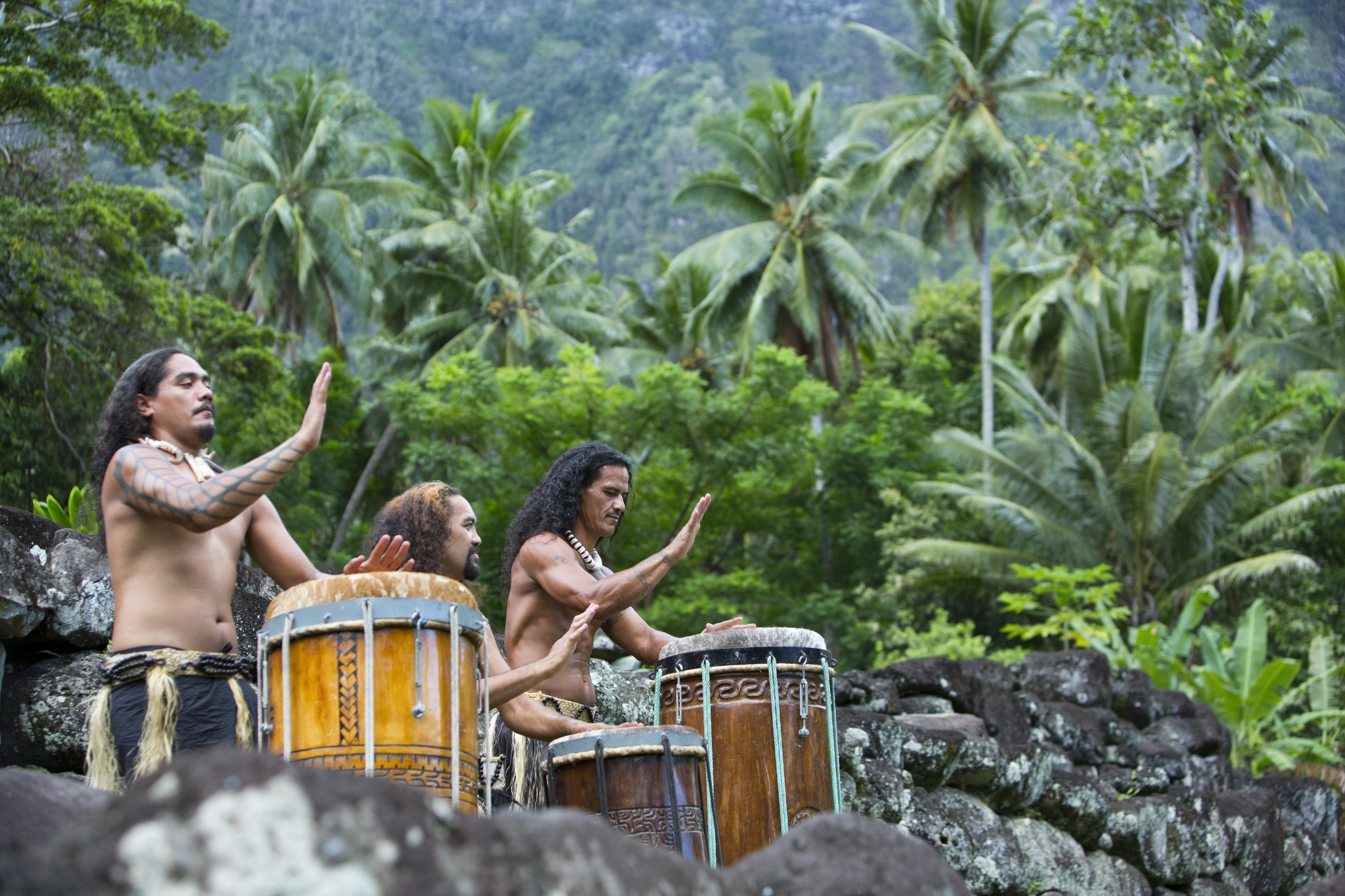 Three tattooed drummers playing tall wooden drums among palms
