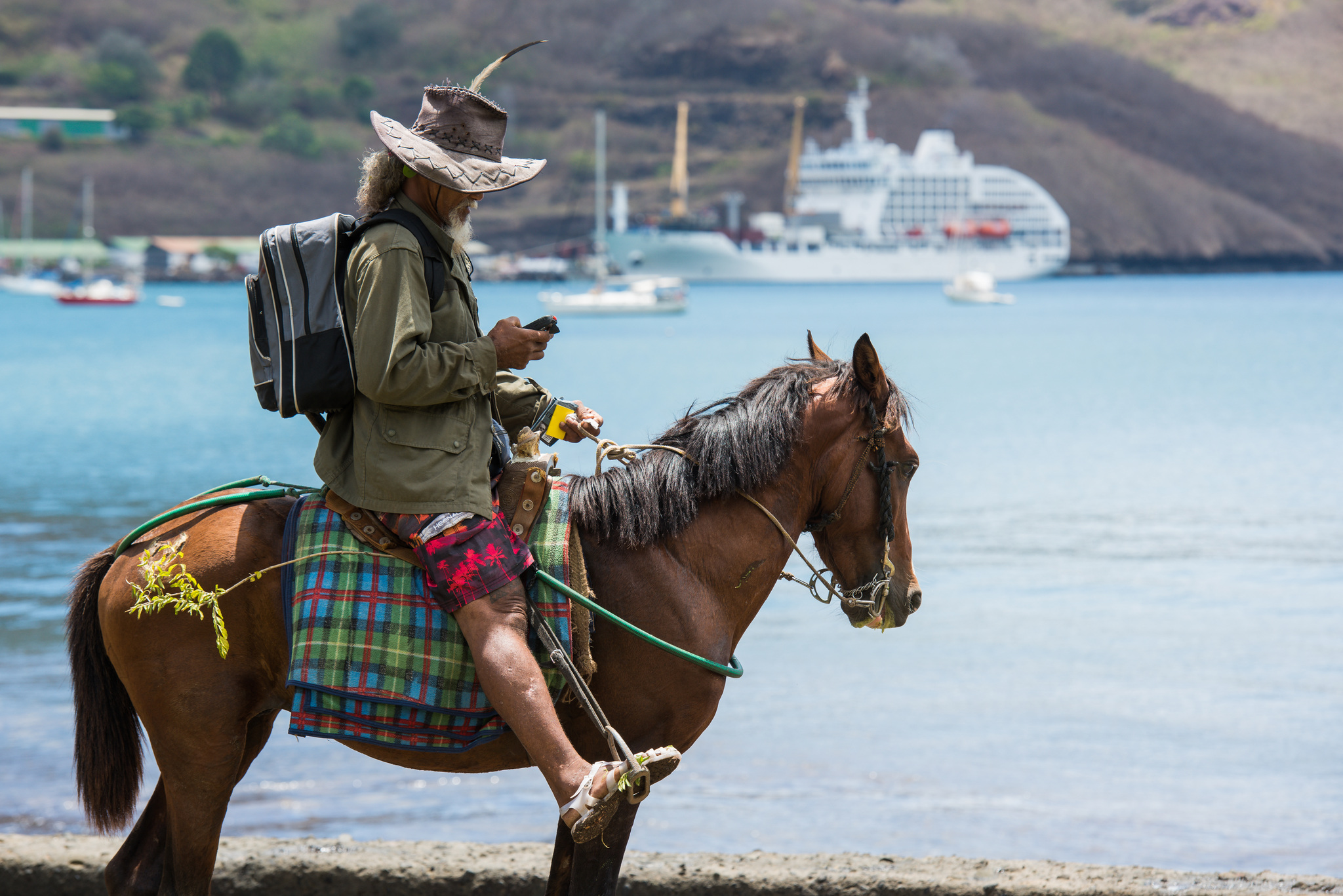A rider in a wide hat on horseback by a bay, yachts and a white ship at anchor behind