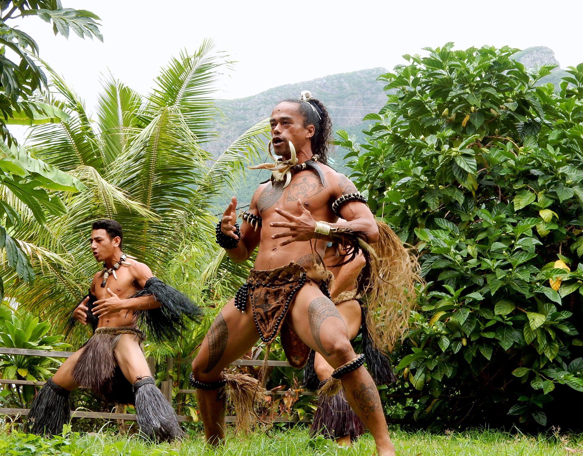 Two dancers in grass skirts performing a warrior dance among palms