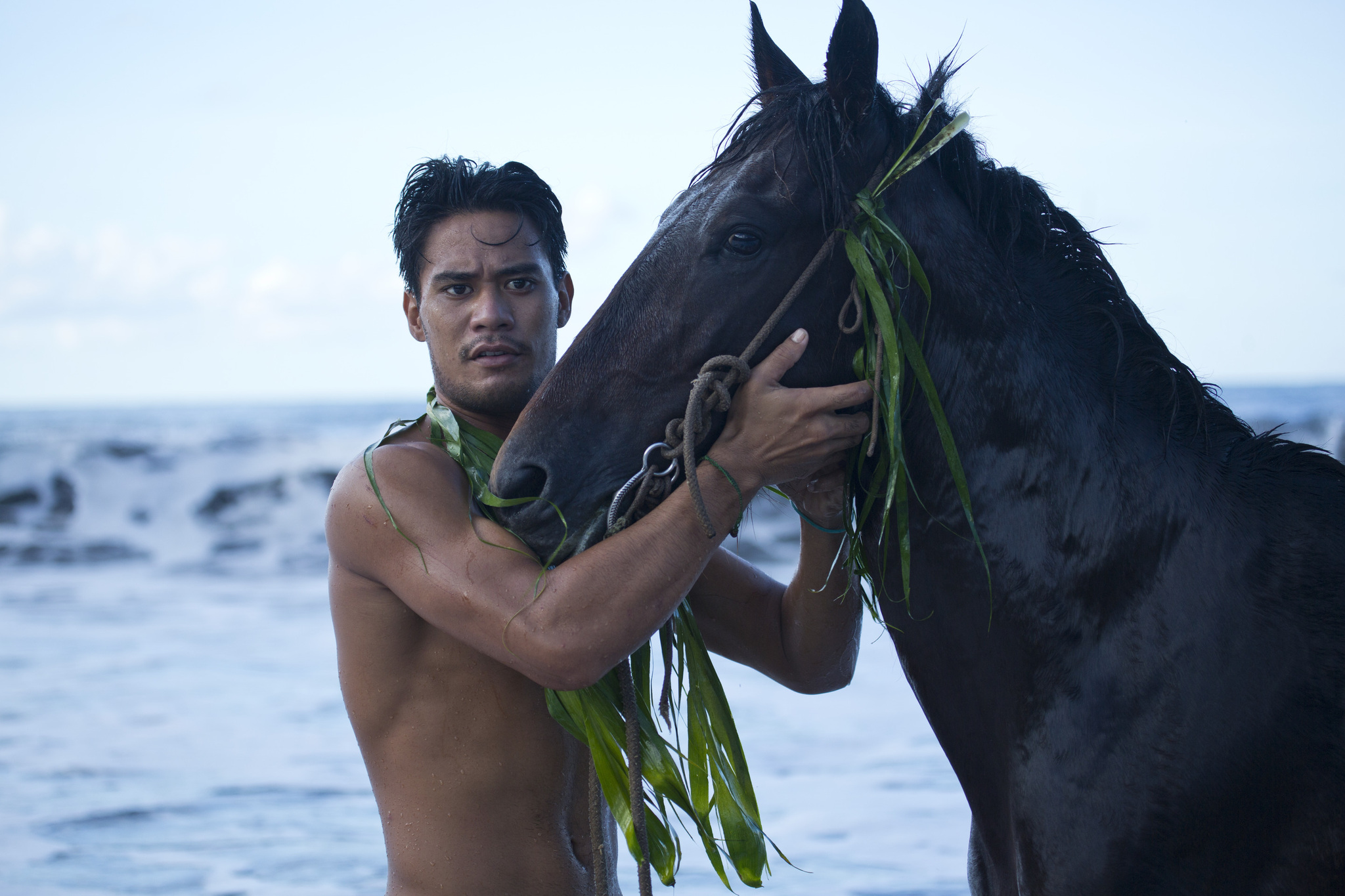A young man in a leaf garland holding a black horse at the edge of the surf