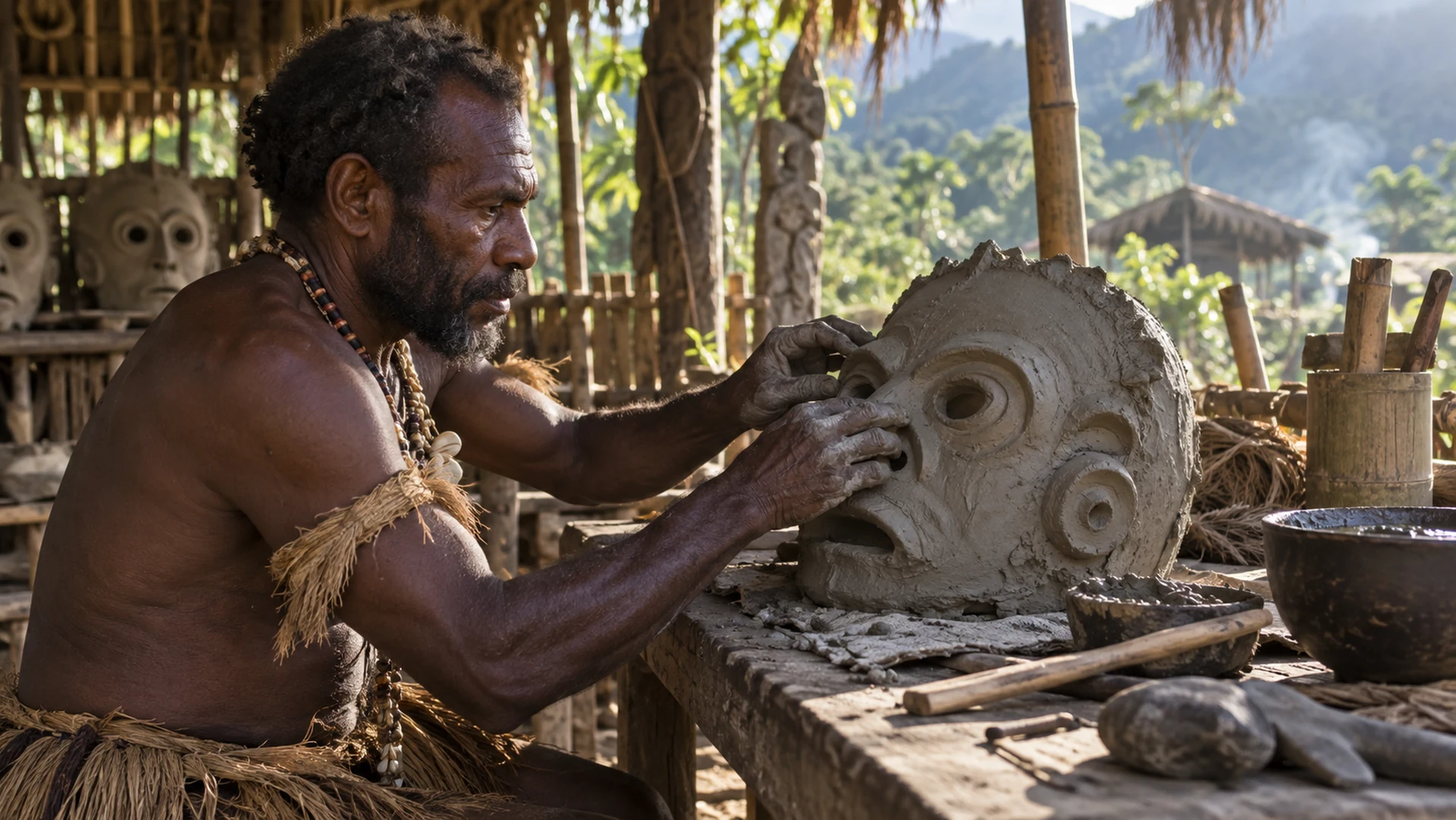 Illustrative Asaro artisan shaping a clay mask by hand