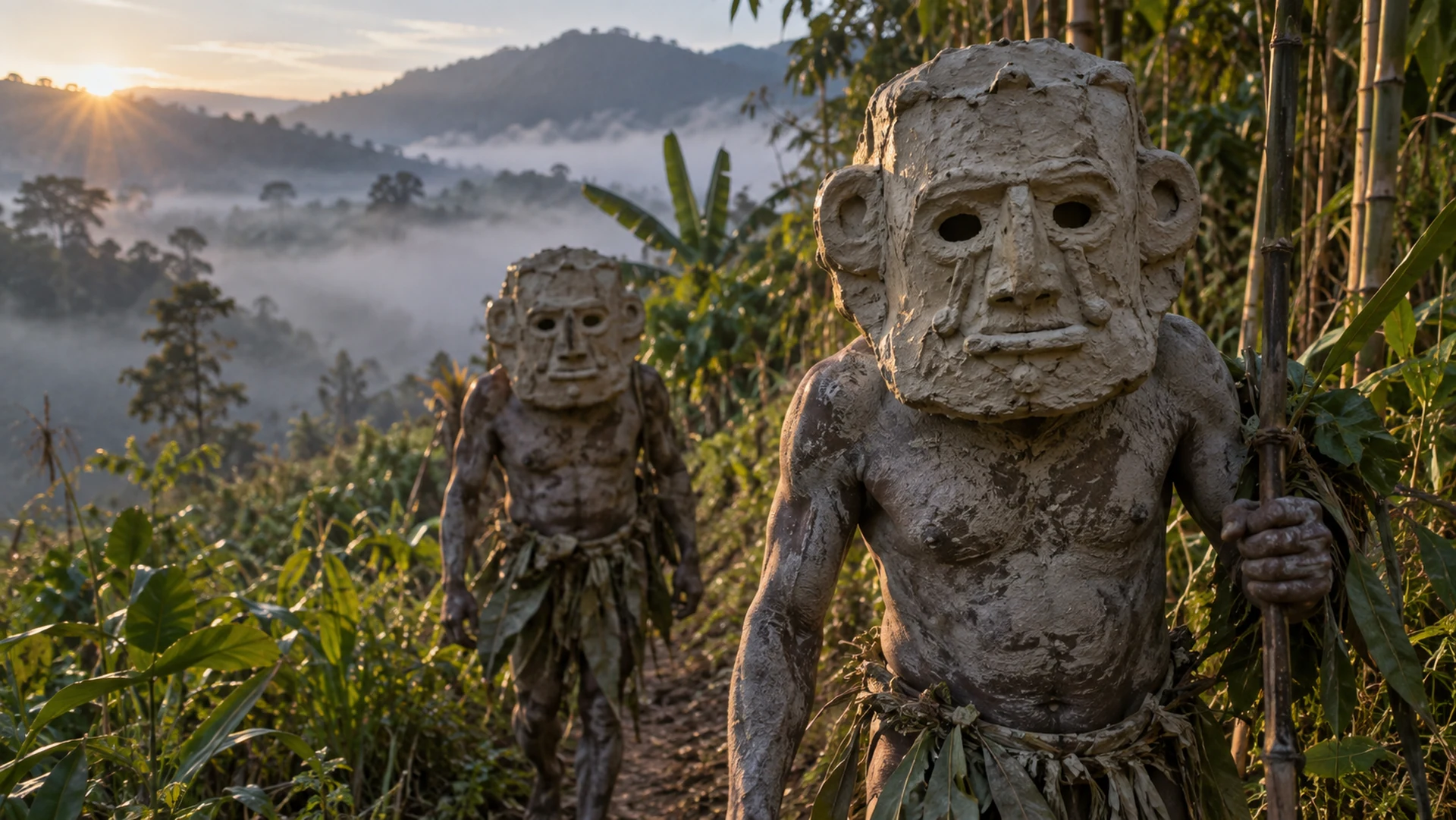 Illustrative Asaro Mudmen emerging through dawn mist