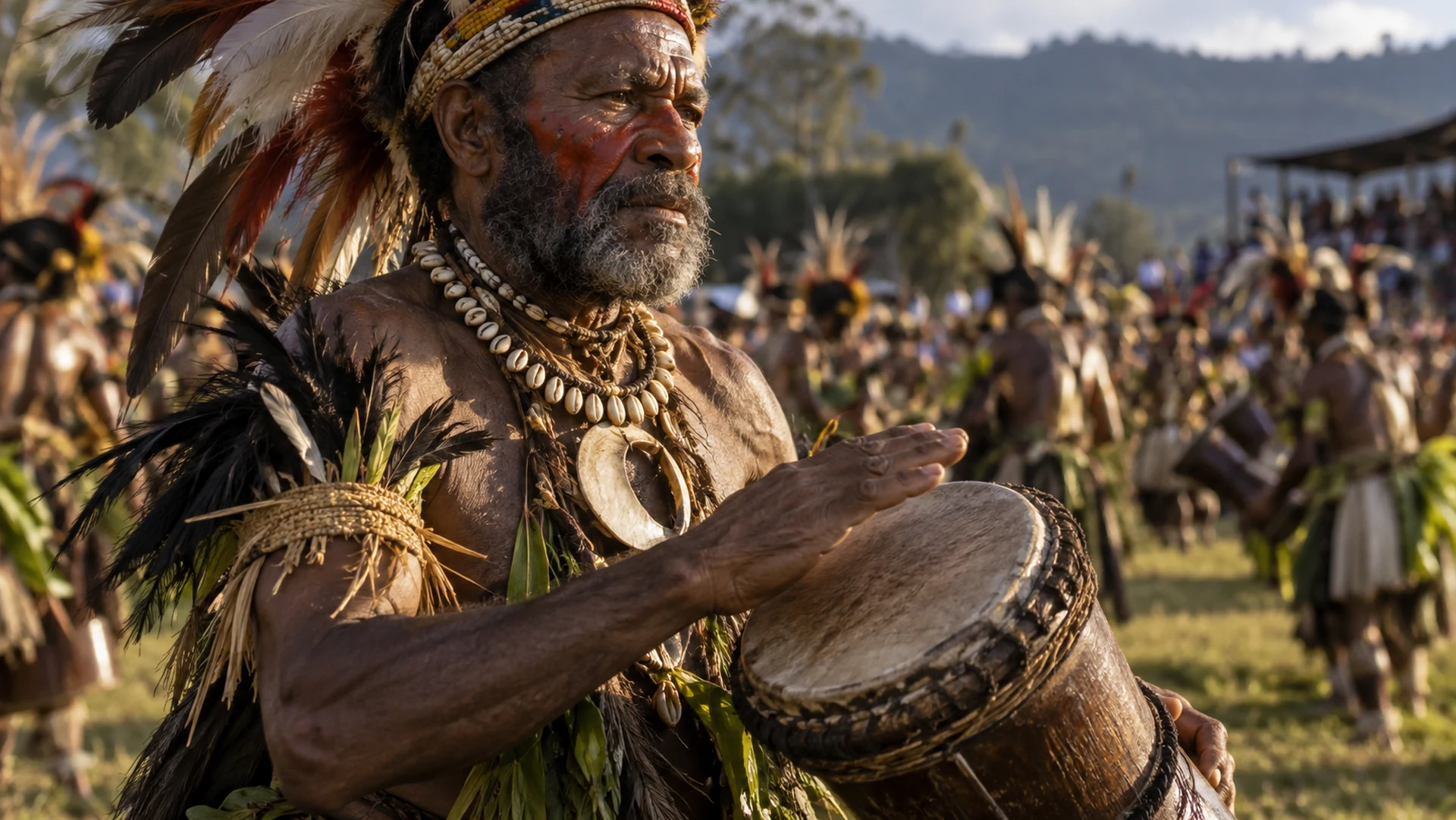 Illustrative Goroka Show performer playing a kundu drum