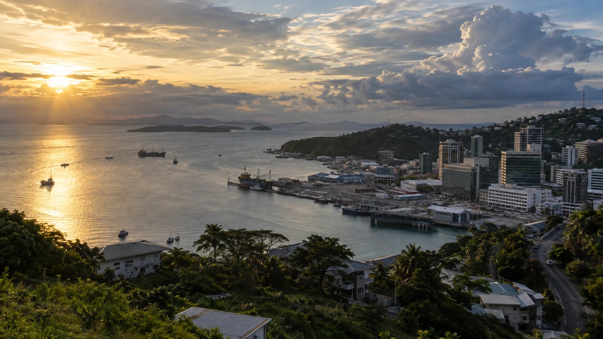 Illustrative late afternoon view across Port Moresby harbour