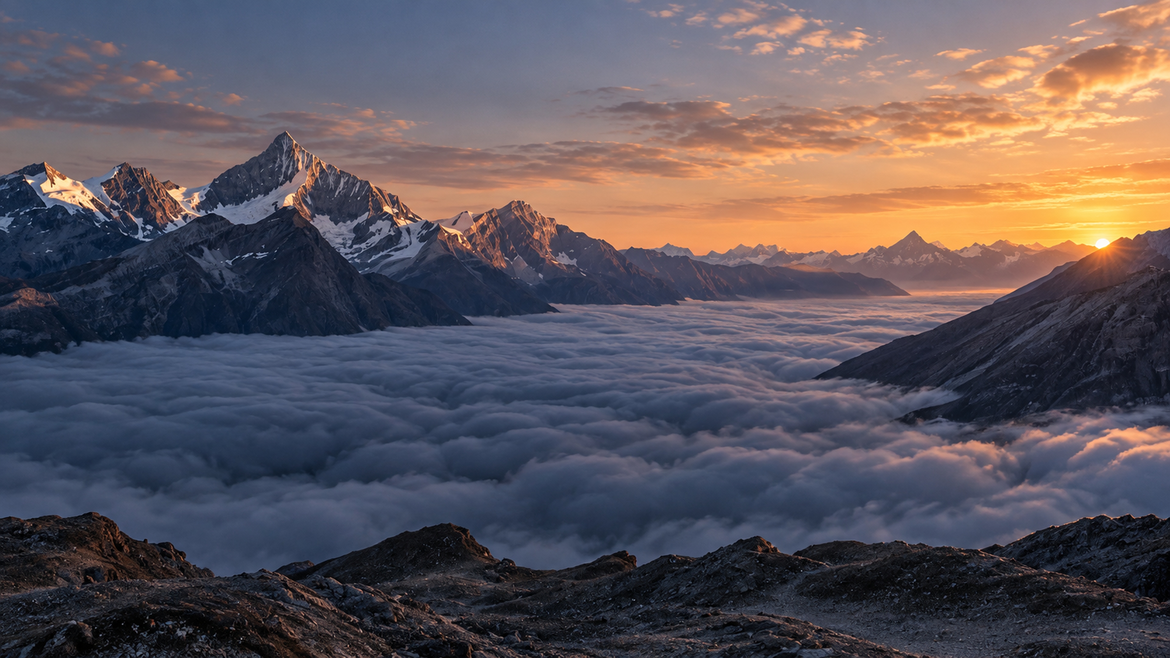 Golden first light on mountain peaks above a vast sea of clouds