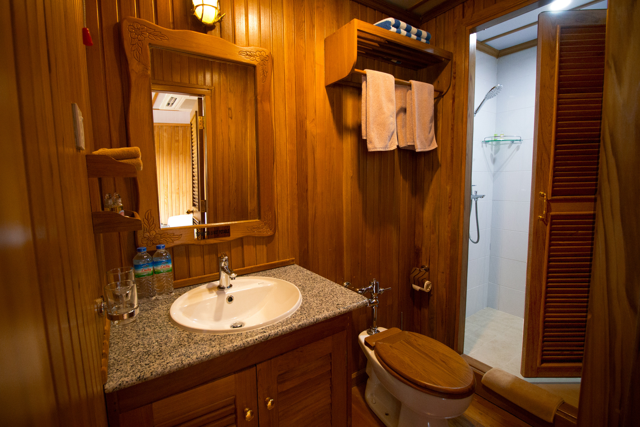A cabin shower room with a basin and a glass-walled shower