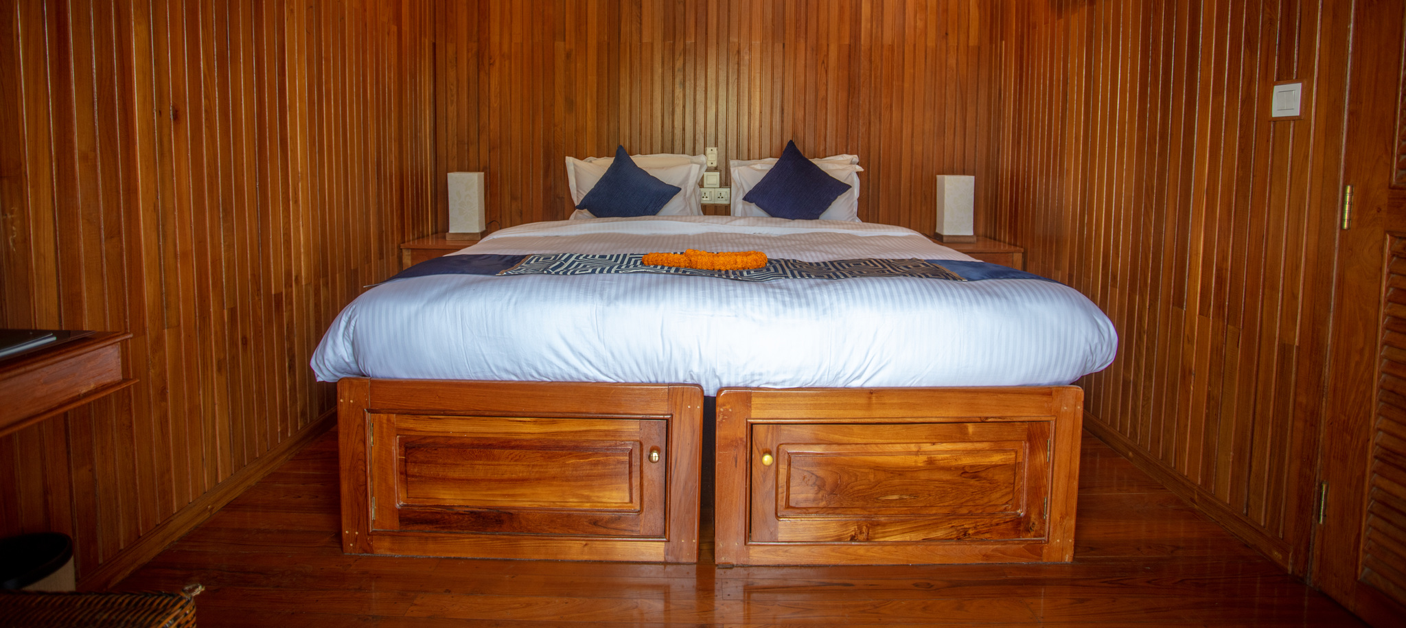 A cabin made up with a double bed